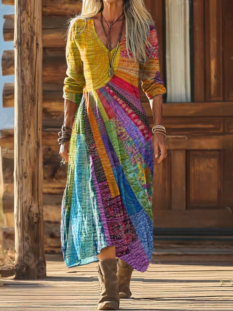 Alice | Elegant Bohemian Sun Design Dress - Long Sleeve Dress / XS