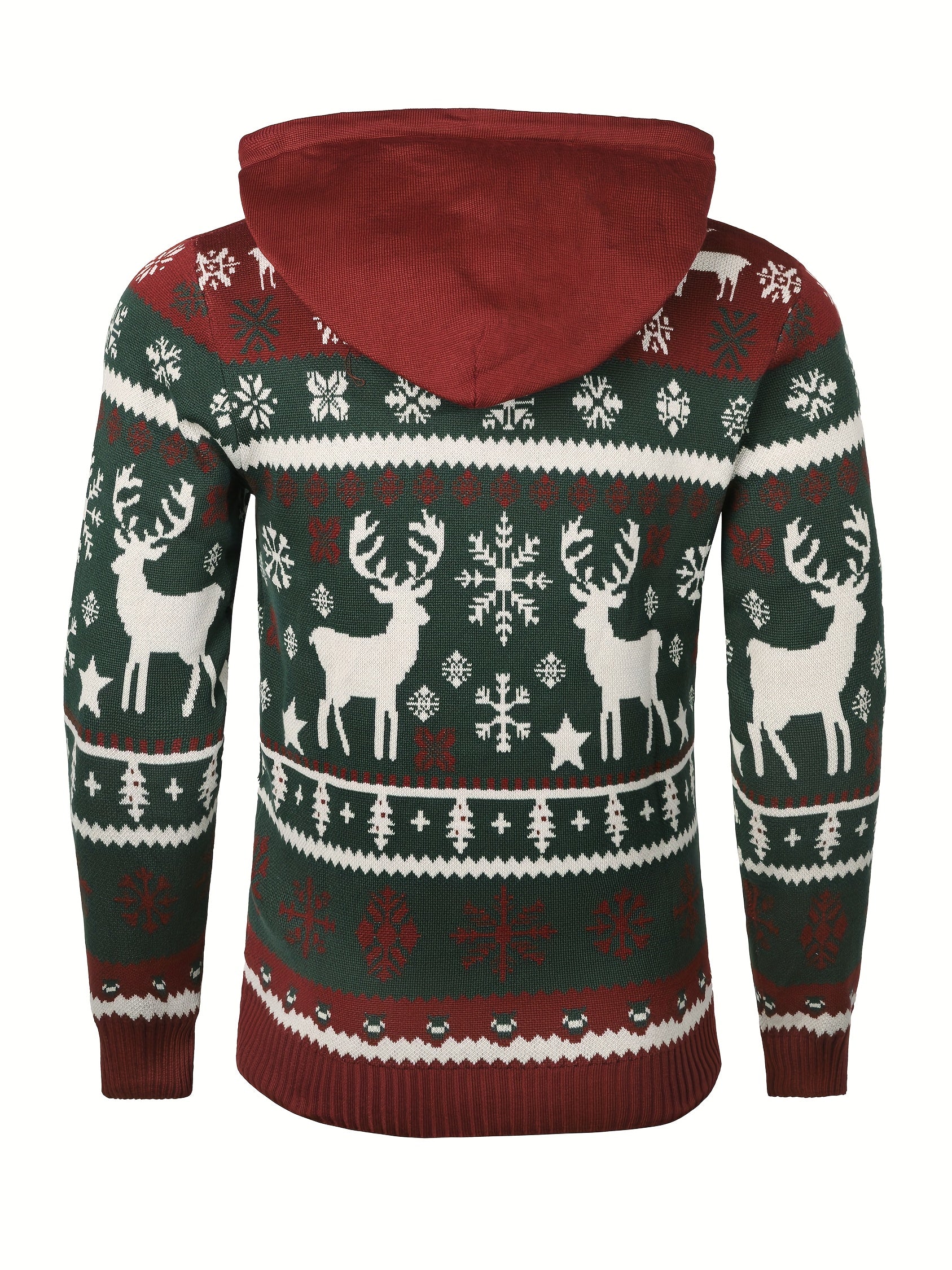 Christmas Hooded Sweater with Reindeer, Snowflake and Star Patterns and a Drawstring Hood in Two Styles