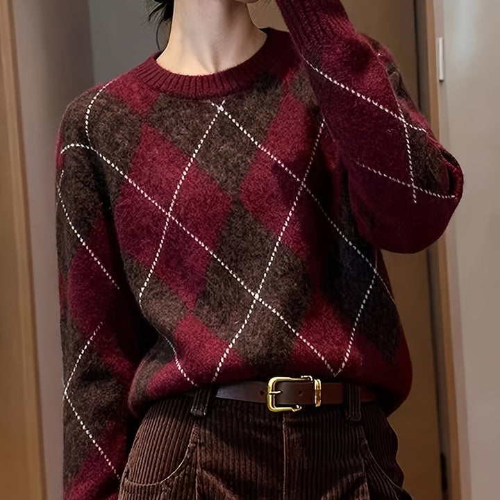 Cassidy | Diamond Argyle Round Neck Sweater