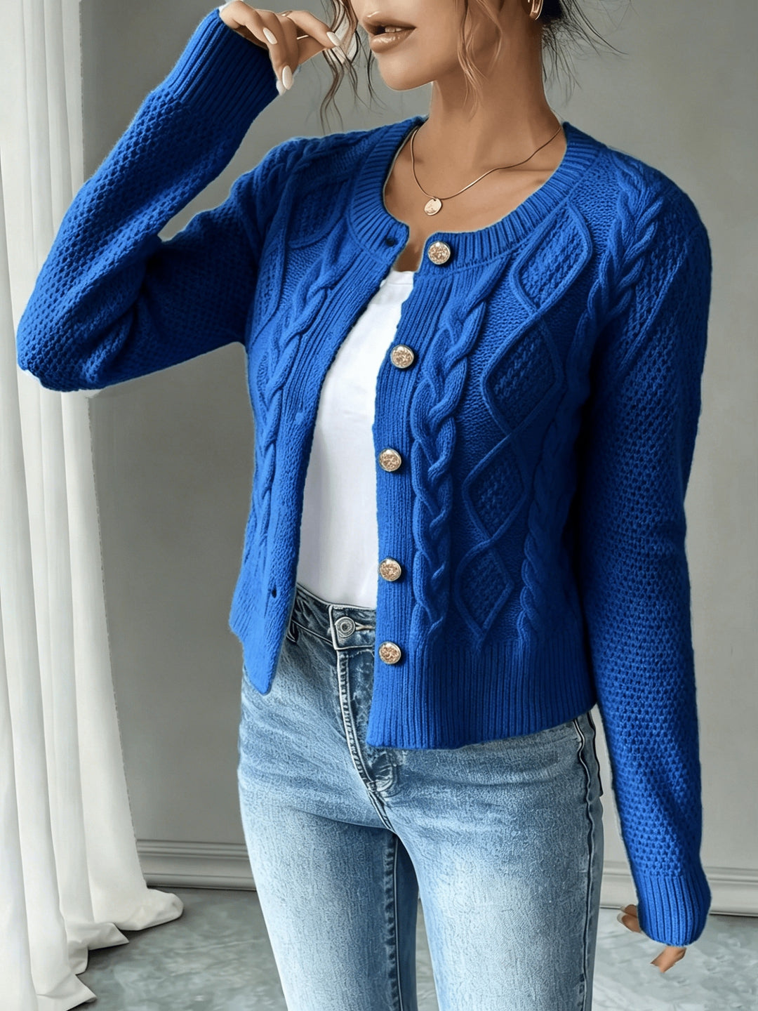 Eleanora | Cable-Knit Button-Front Cardigan