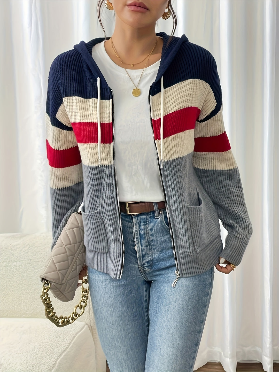Susannah | Colour-Block Hooded Zip Cardigan