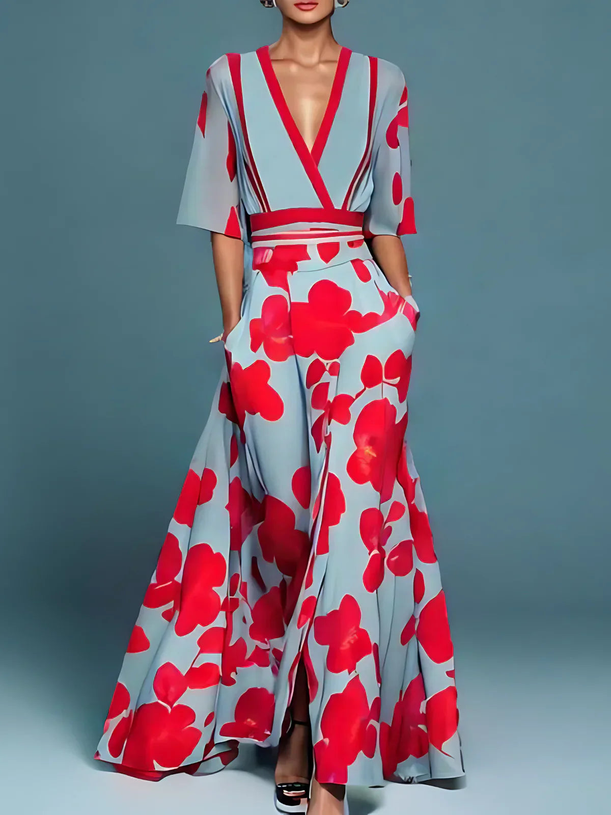 Harper & Wells Maine | Elegant Floral V-Neck Long Dress