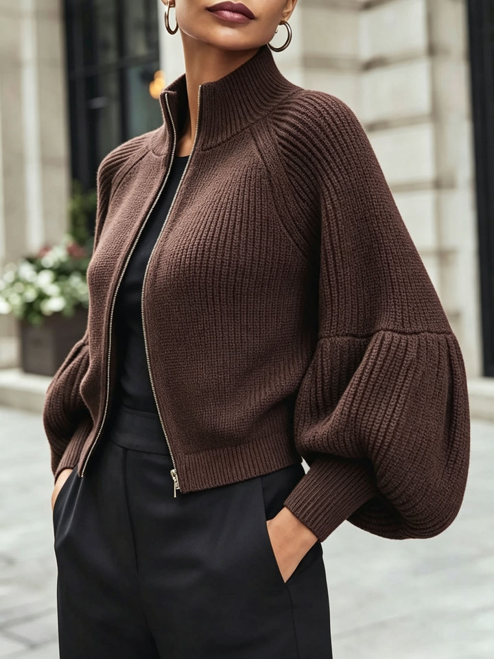 Gwyneth | Zip-Up Puff-Sleeve Cardigan