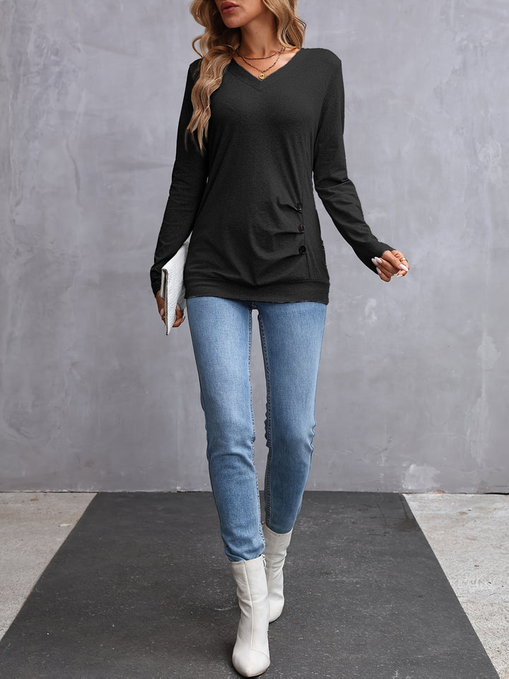 Kathryn | Side-Button V-Neck Long Sleeve Top