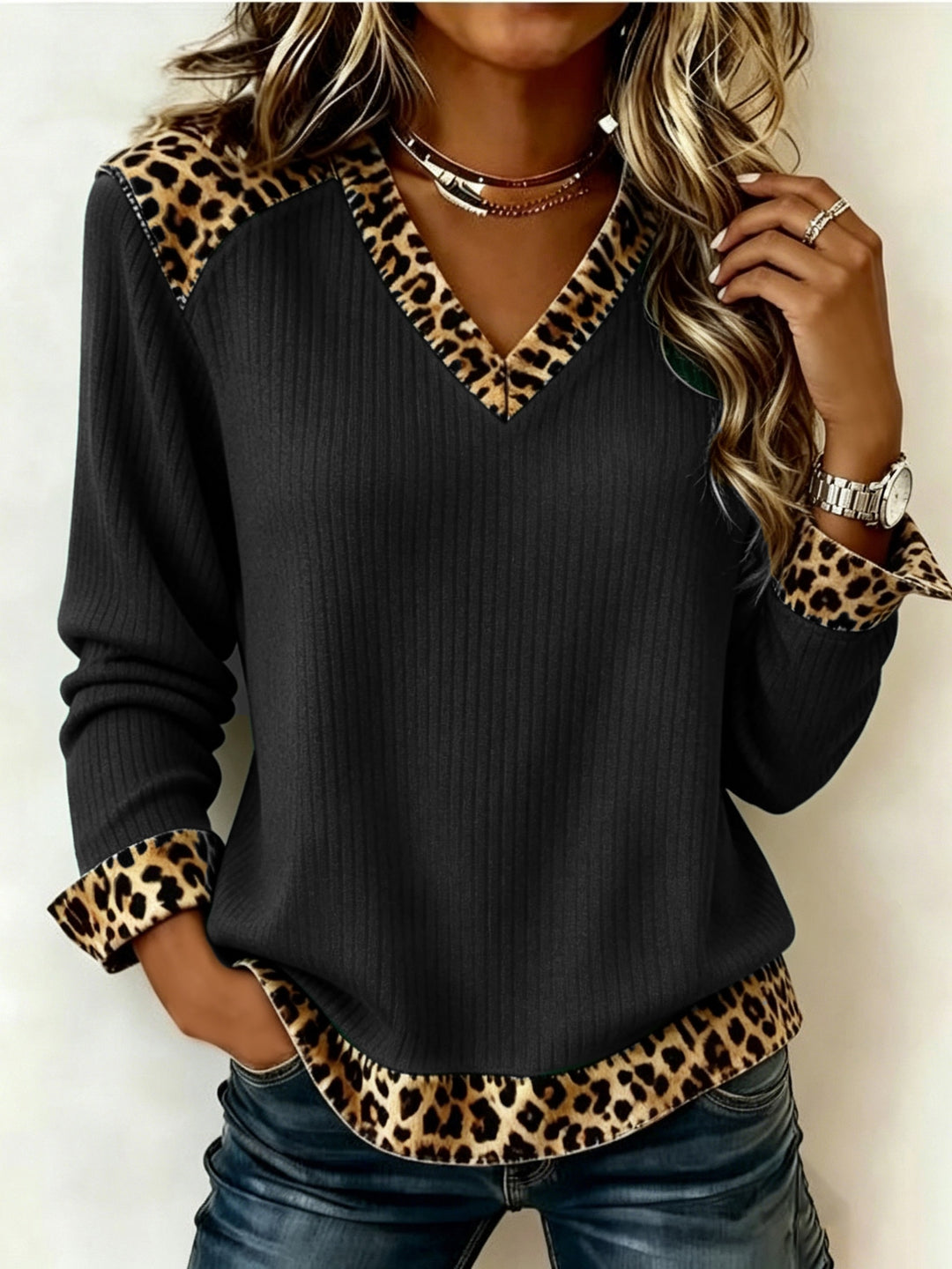 Lillian | Animal-Trimmed V-Neck Top