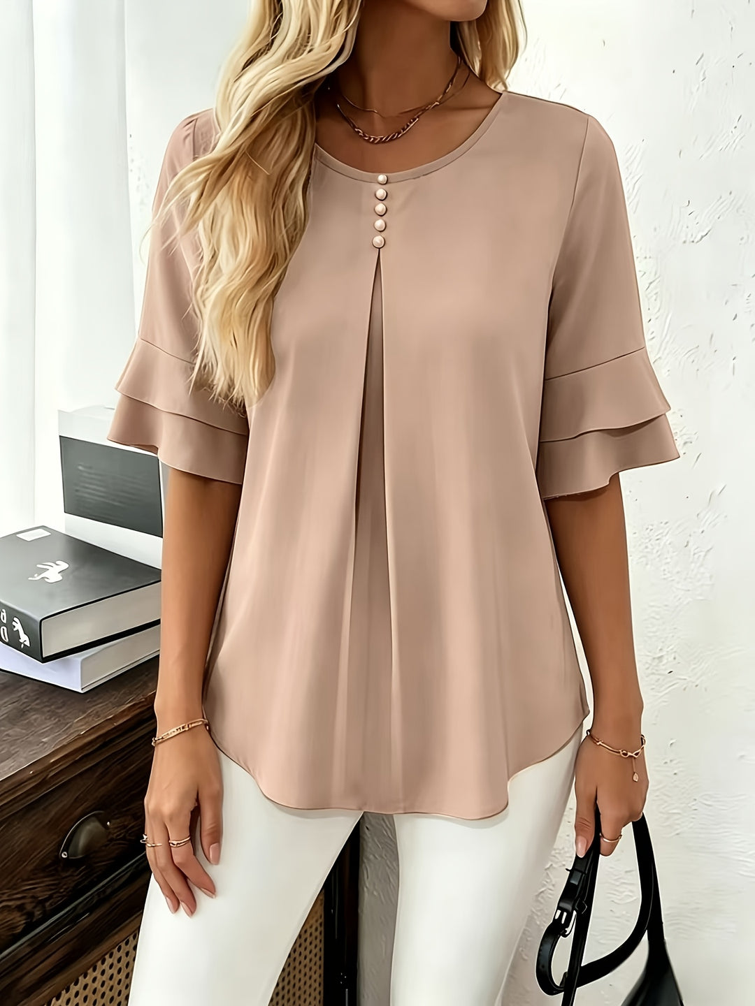 Karen | Flared-Sleeve Pleated Blouse