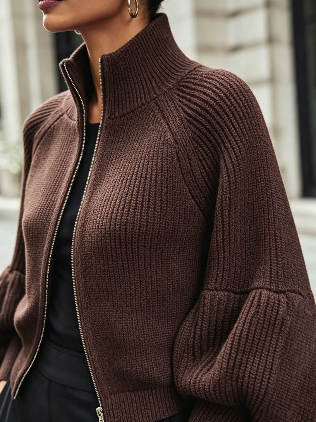 Gwyneth | Zip-Up Puff-Sleeve Cardigan