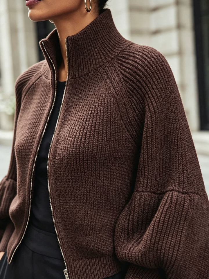 Gwyneth | Zip-Up Puff-Sleeve Cardigan
