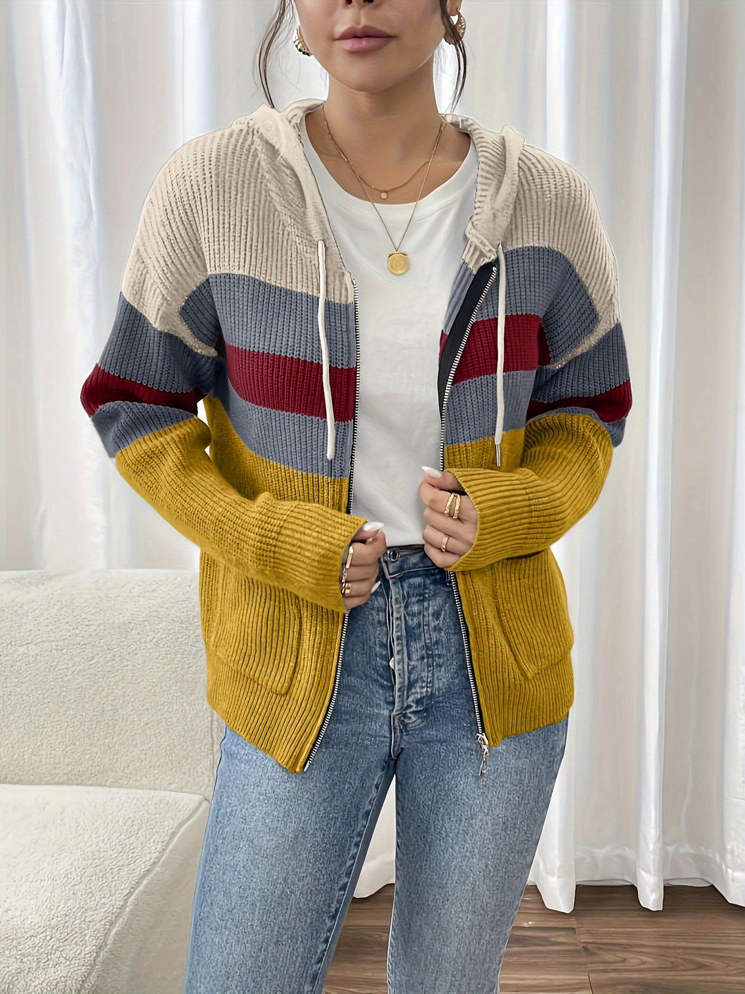 Susannah | Colour-Block Hooded Zip Cardigan