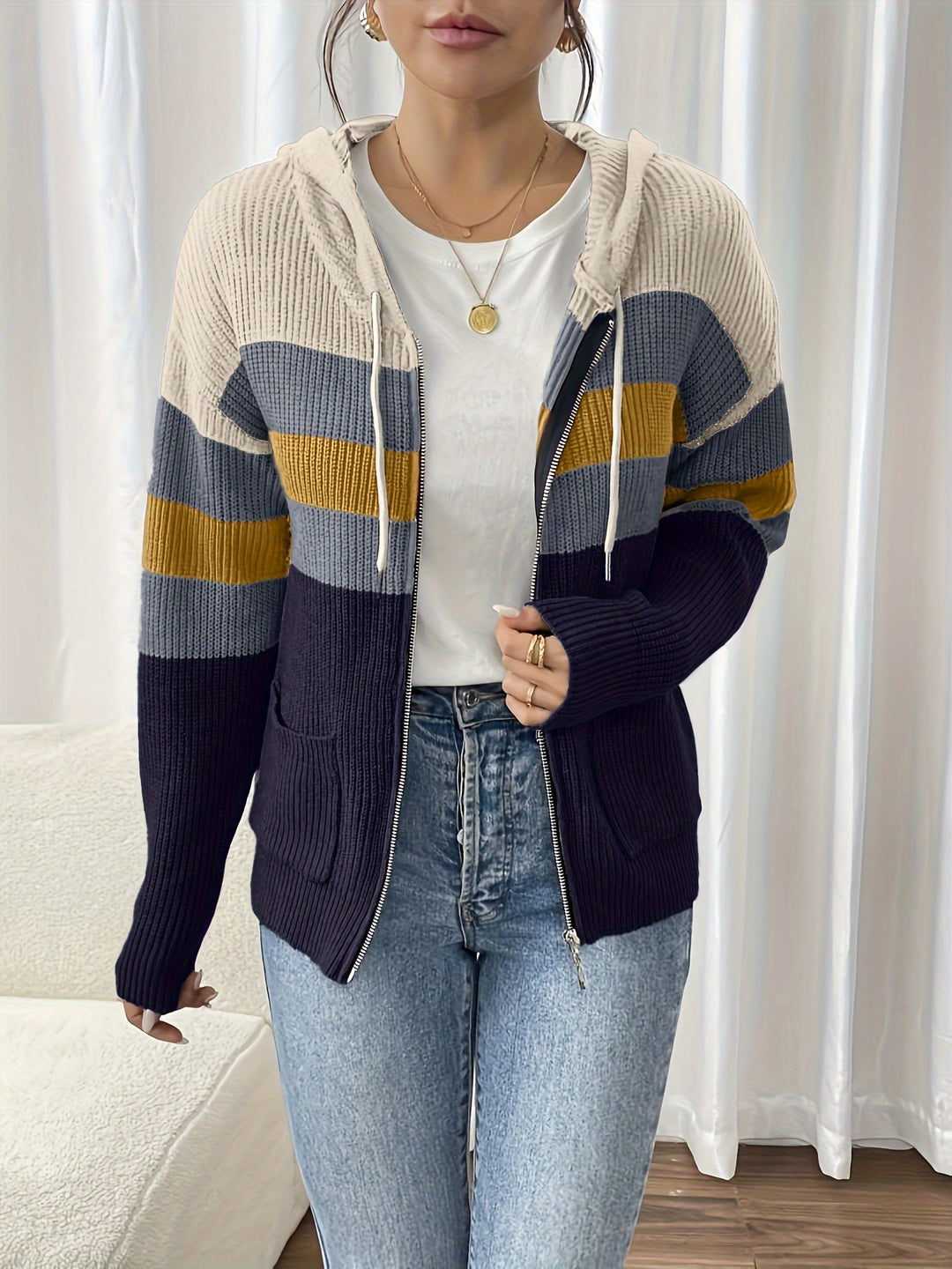 Susannah | Colour-Block Hooded Zip Cardigan
