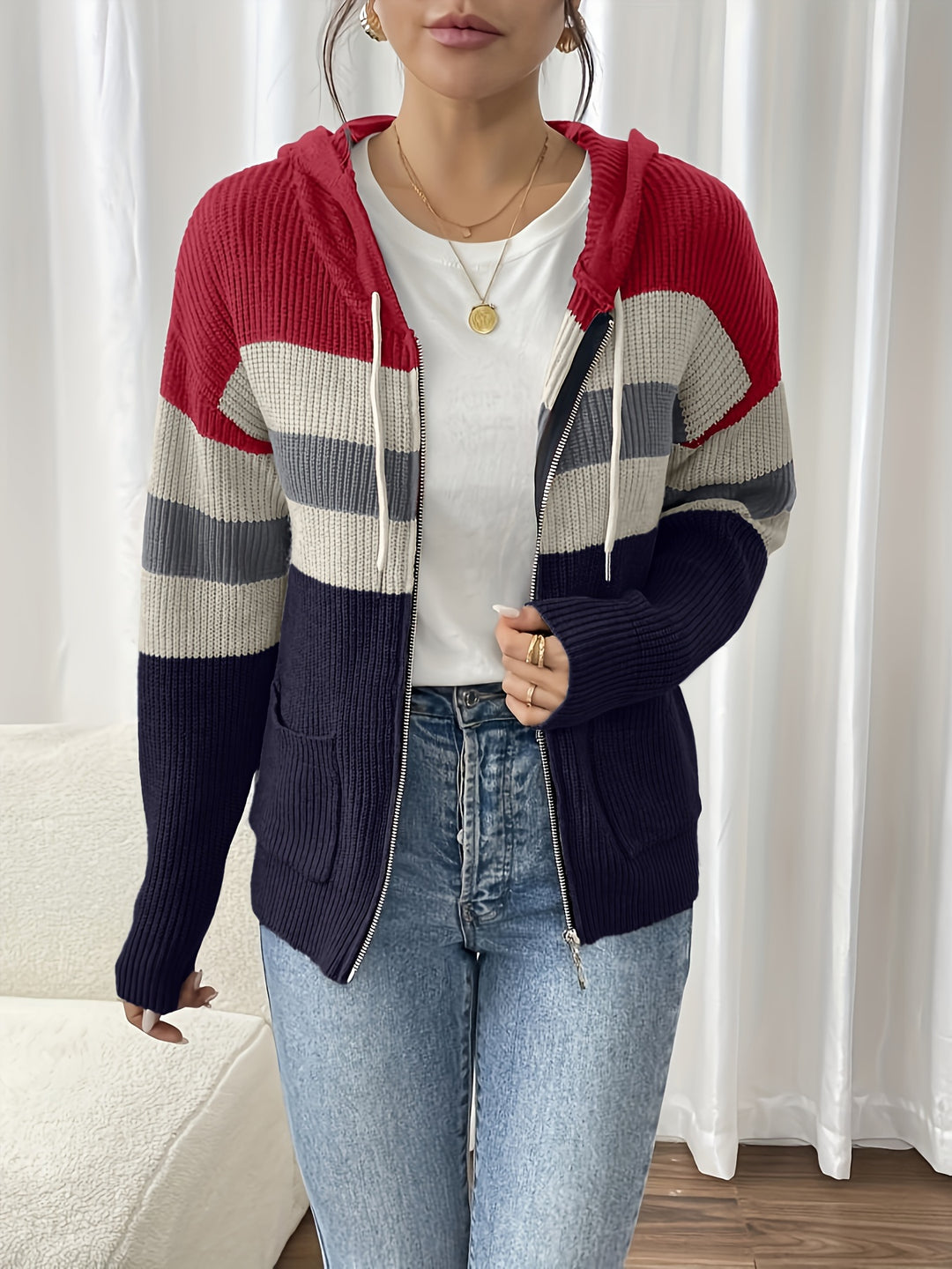 Susannah | Colour-Block Hooded Zip Cardigan