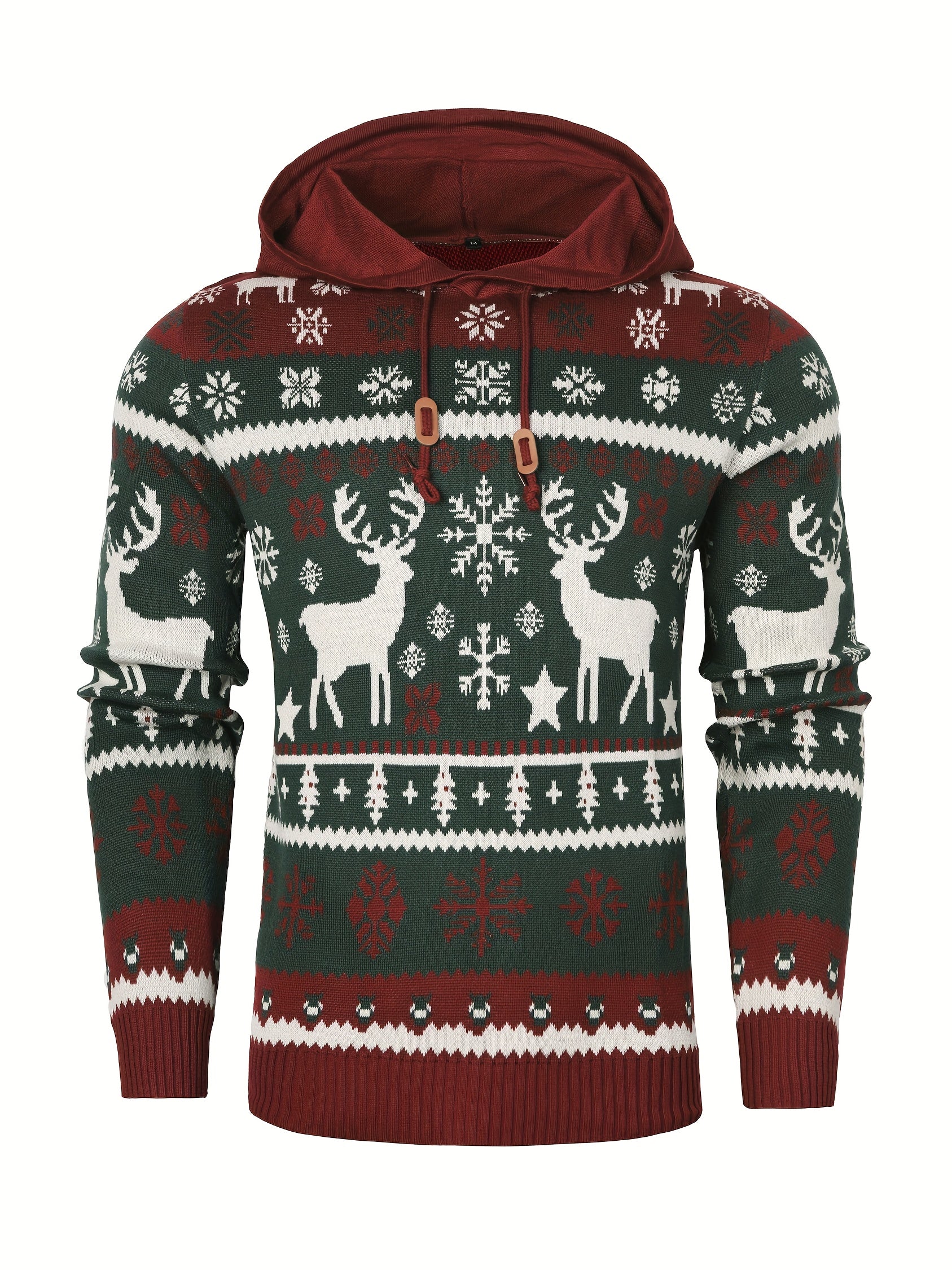 Christmas Hooded Sweater with Reindeer, Snowflake and Star Patterns and a Drawstring Hood in Two Styles