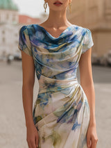 Lucia | Draped Watercolor Midi Dress