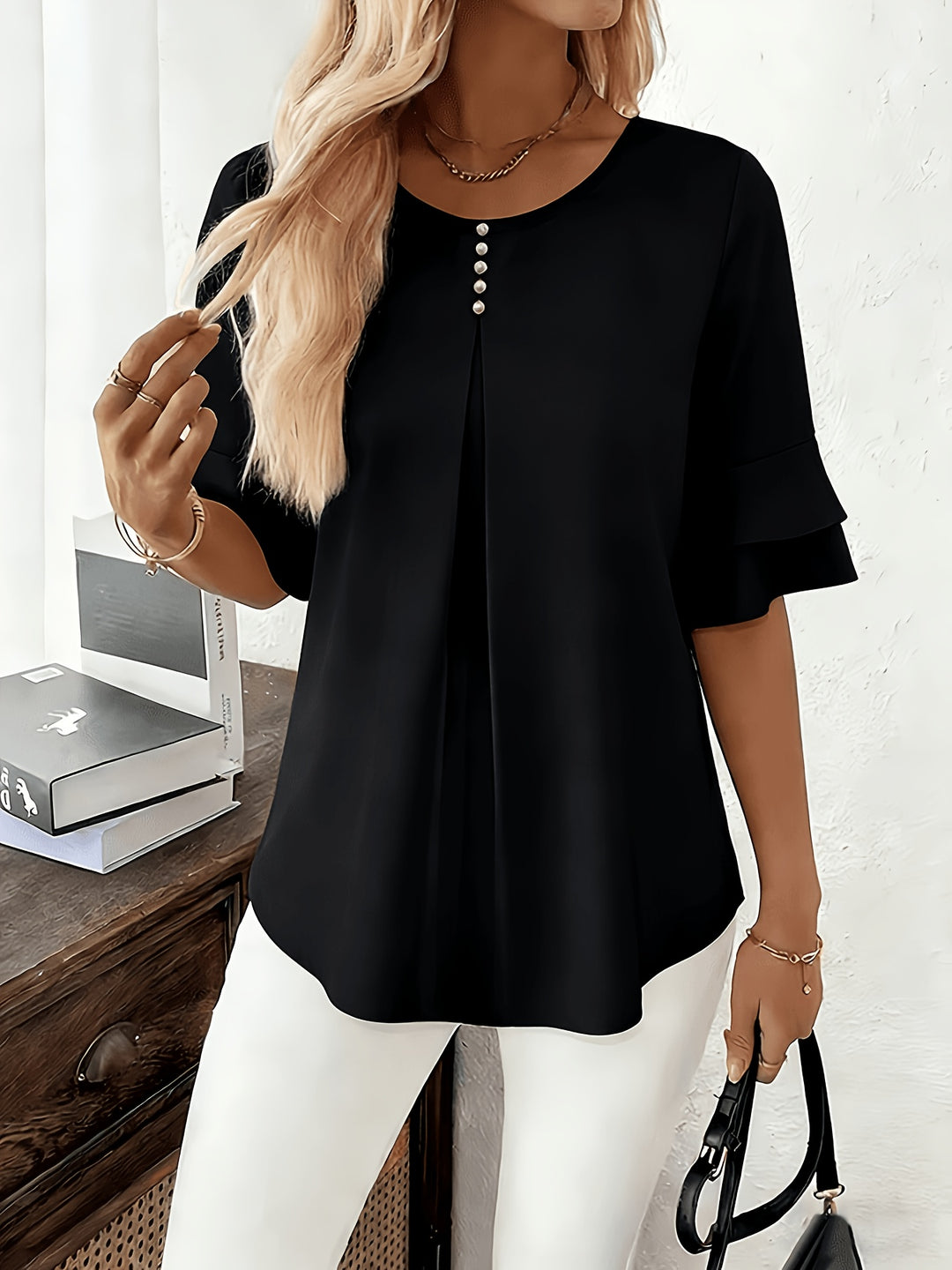 Karen | Flared-Sleeve Pleated Blouse