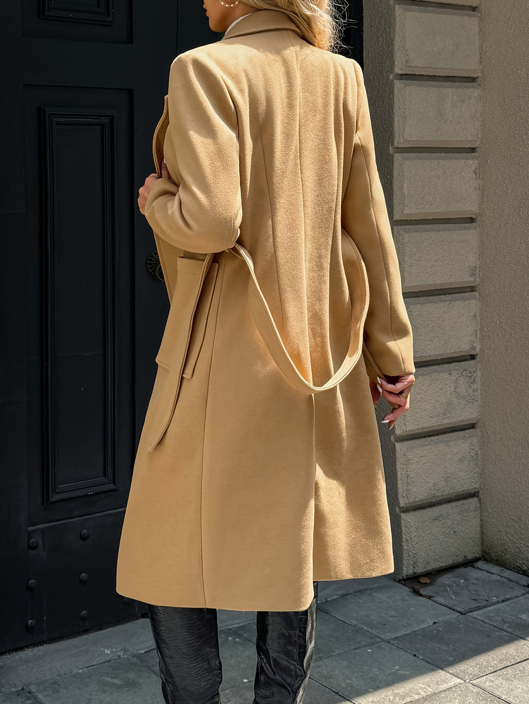 Evangeline belted long coat back detail