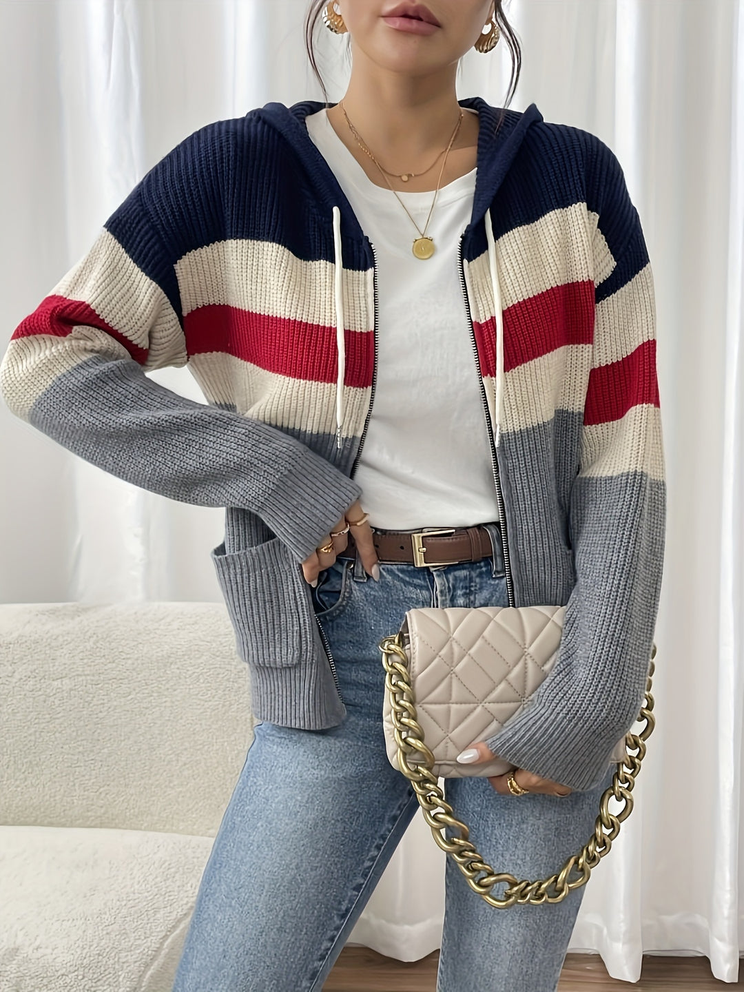 Susannah | Colour-Block Hooded Zip Cardigan