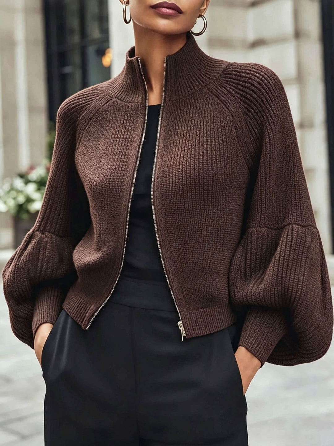 Gwyneth | Zip-Up Puff-Sleeve Cardigan