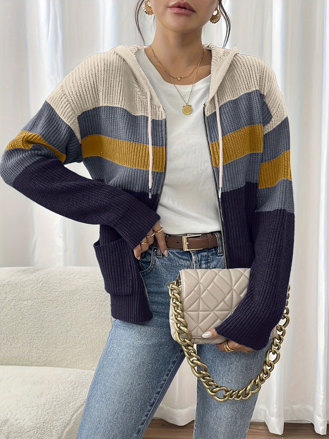 Susannah | Colour-Block Hooded Zip Cardigan