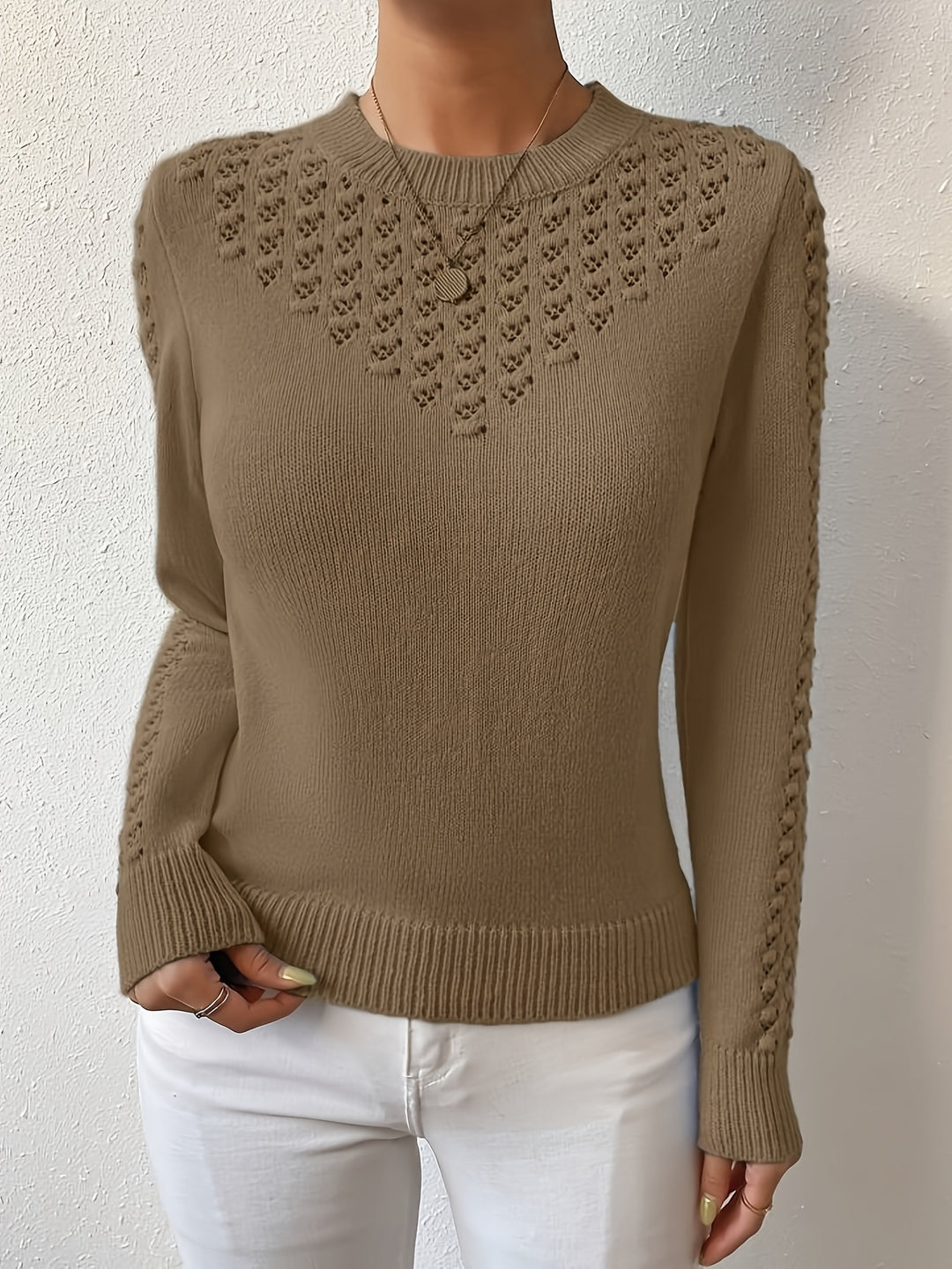 Aveline | Pointelle-Knit Round Neck Sweater