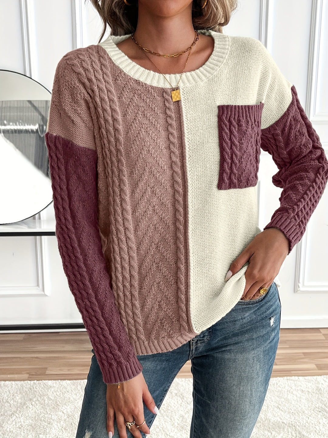 Esme | Color Block Cable Knit Sweater