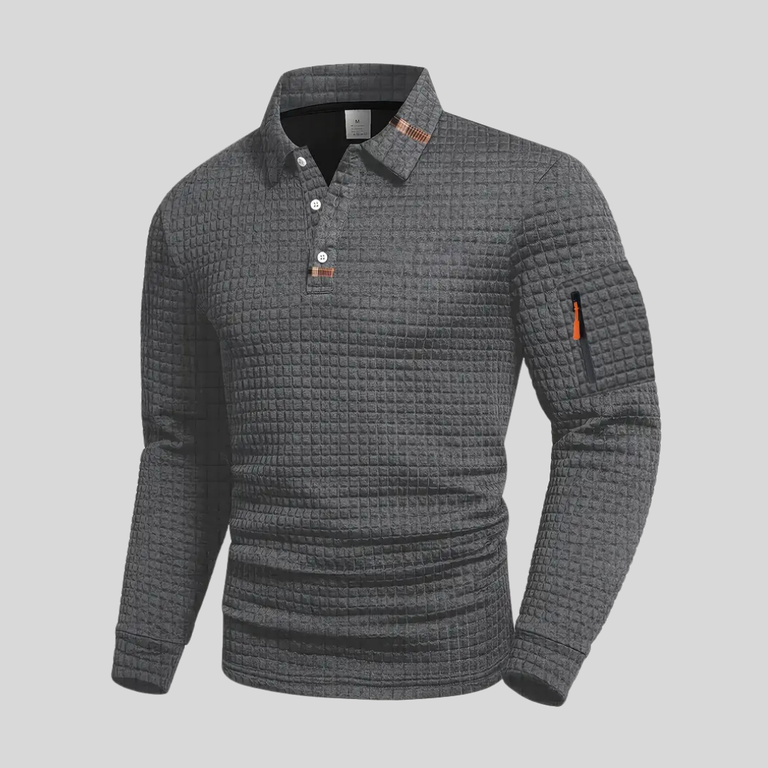 Aaron Textured Long-Sleeve Polo with Sleeve Pocket