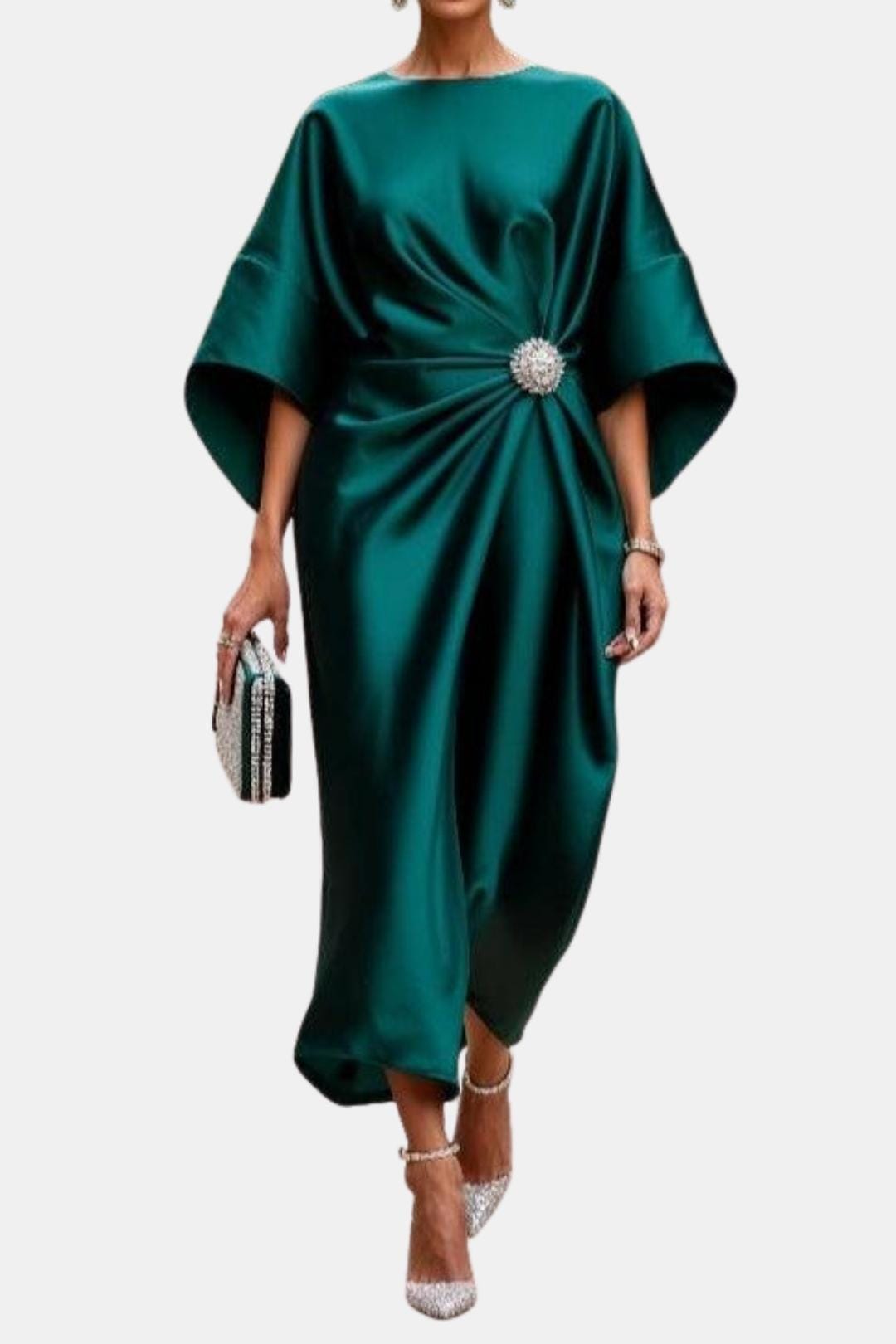 Naomi - Elegant Wide Sleeve Satin Dress - Green / S