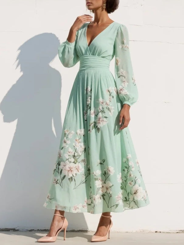 Monroe | V-Neck Chiffon Floral Midi Dress - Light Green / S