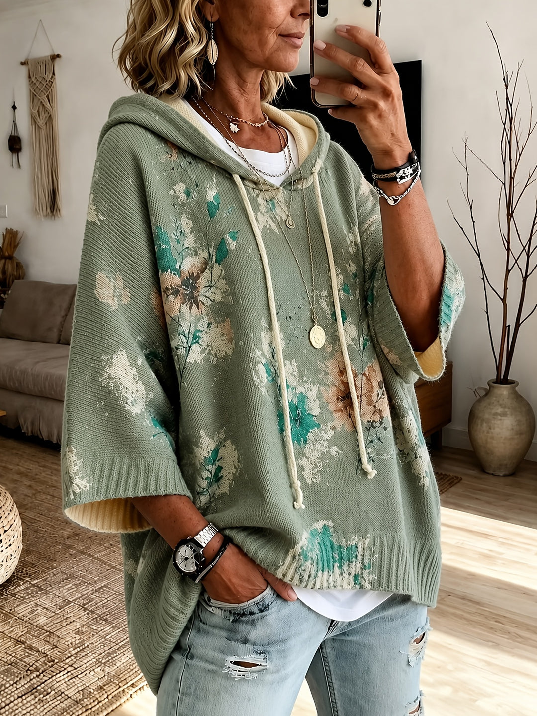 Winifred | Hooded Floral Cape Sweater