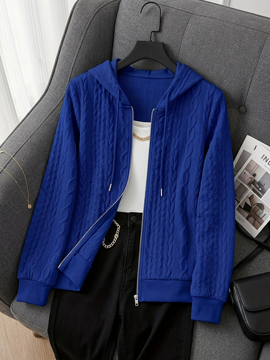 Delia | Textured Zip-Up Hooded Jacket