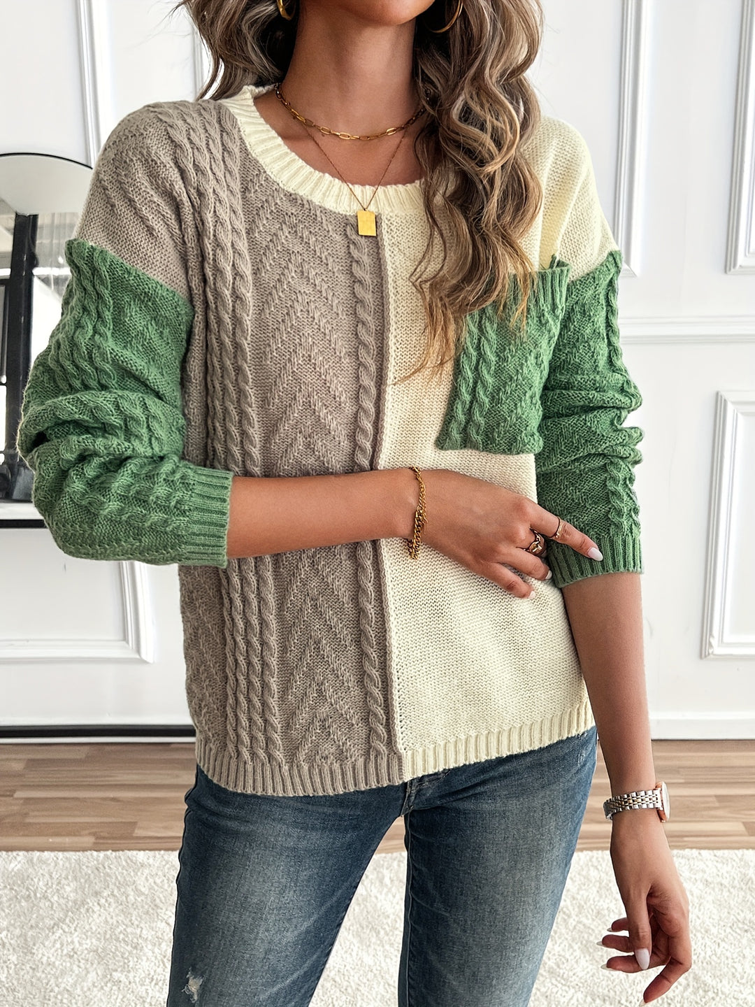 Esme | Color Block Cable Knit Sweater
