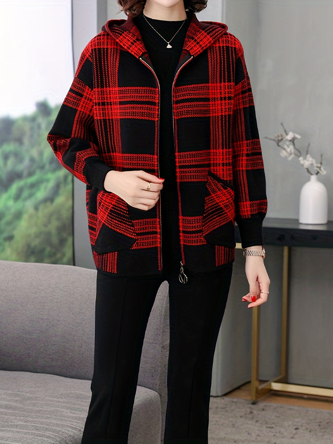 Rosanna | Hooded Checked Zip Jacket