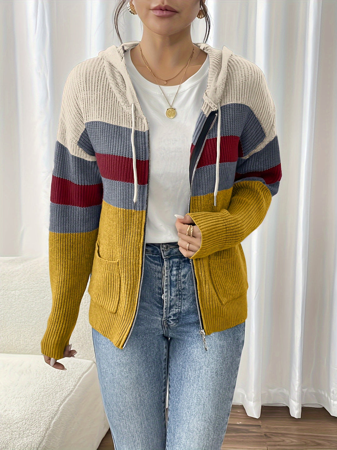 Susannah | Colour-Block Hooded Zip Cardigan