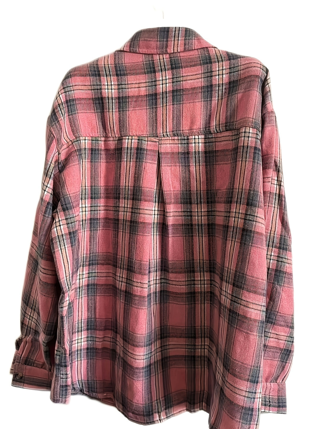 Women's Pink and Grey Plaid Shirt Back