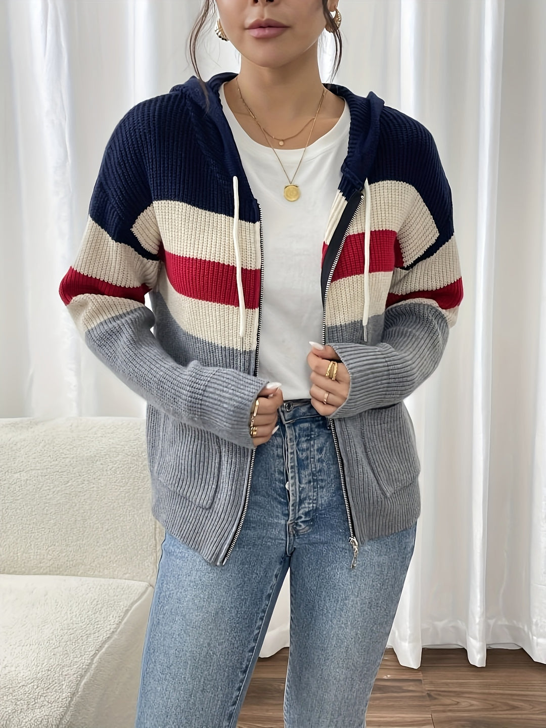 Susannah | Colour-Block Hooded Zip Cardigan