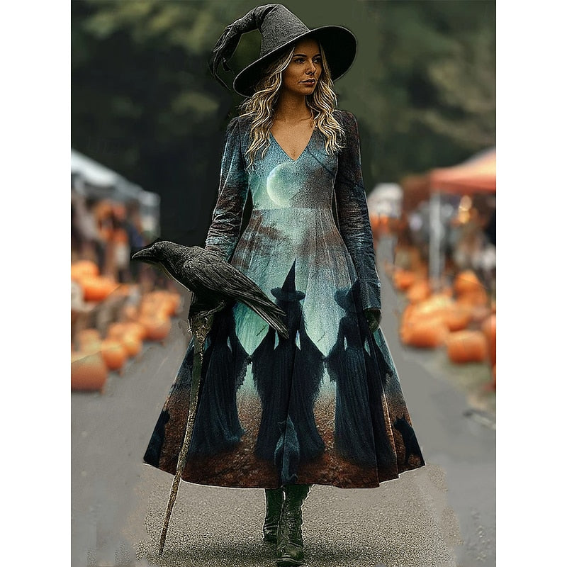Maren | Halloween Witch Print A-Line Maxi Dress
