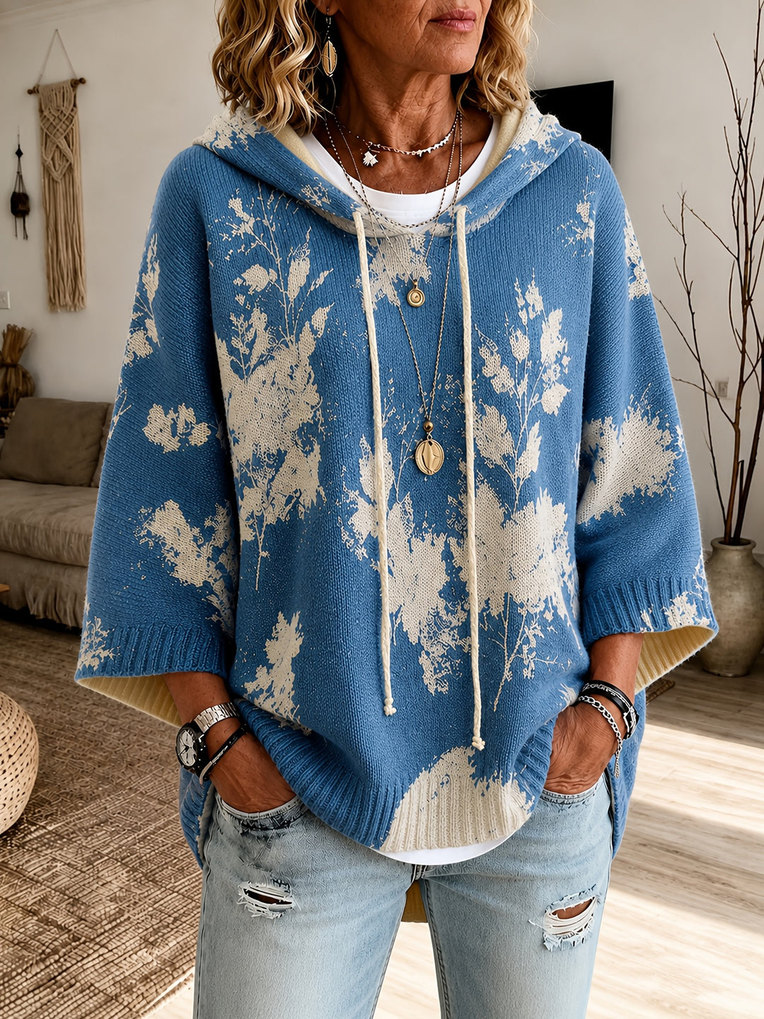 Winifred | Hooded Floral Cape Sweater