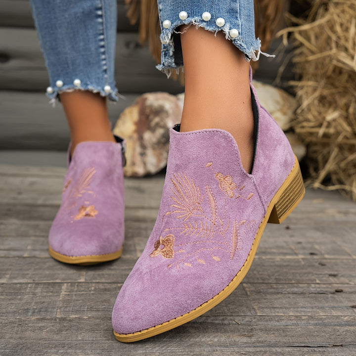 Isadora | Embroidered Low-Heel Ankle Boots