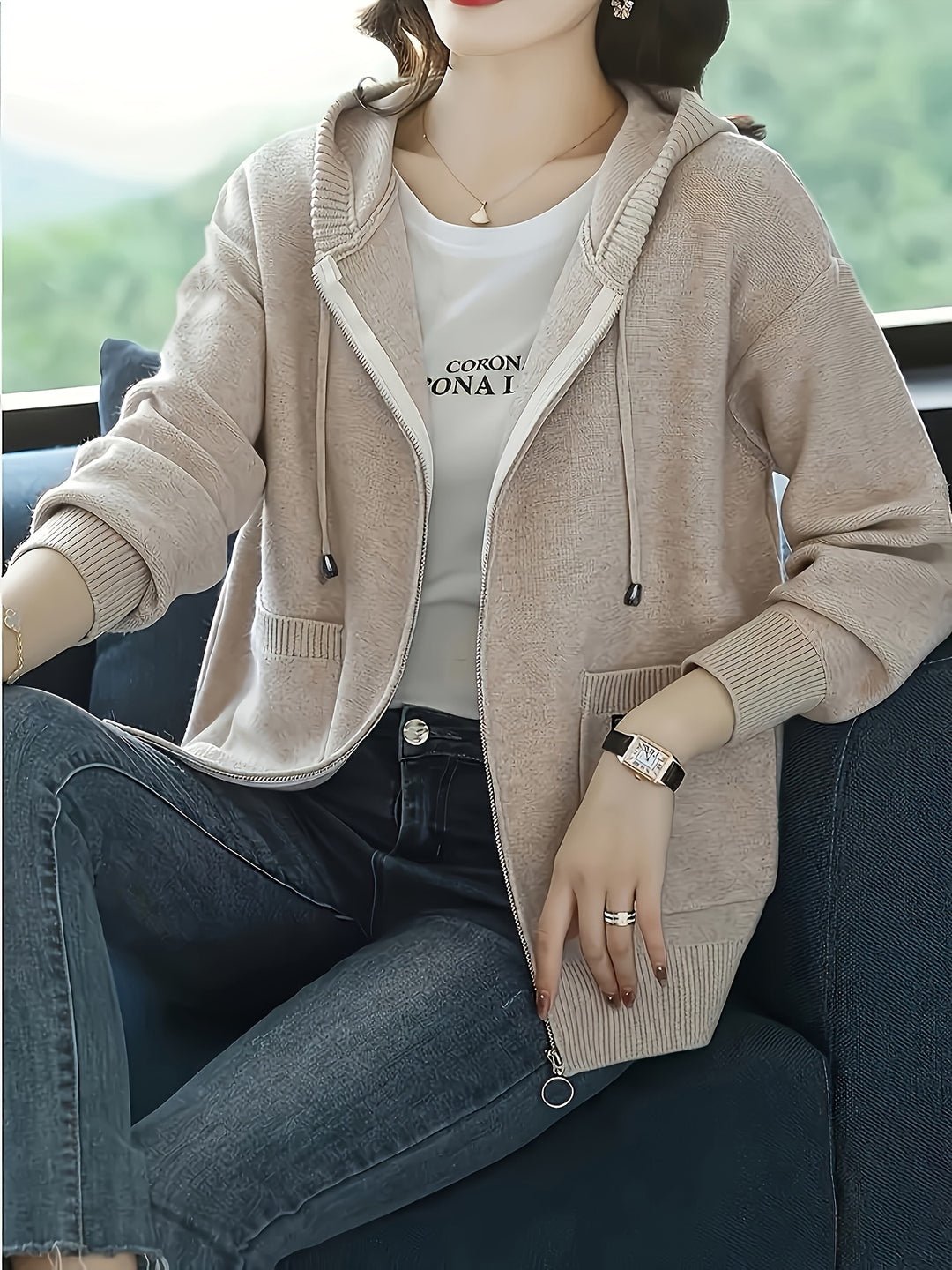 Rowena | Cozy Zip-Up Hooded Cardigan