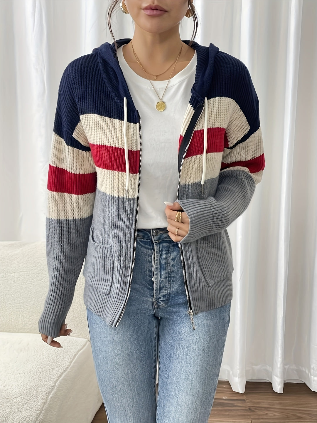 Susannah | Colour-Block Hooded Zip Cardigan