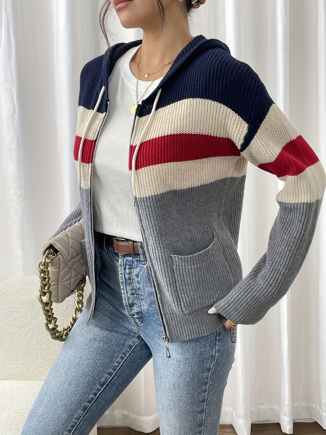 Susannah | Colour-Block Hooded Zip Cardigan