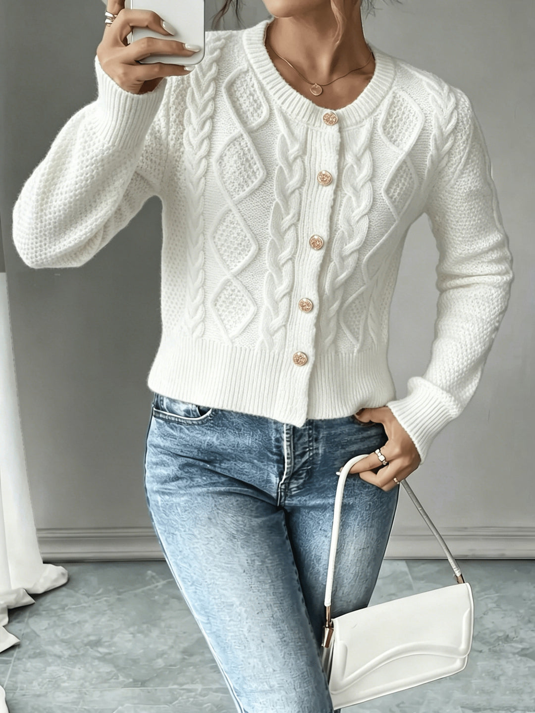 Eleanora | Cable-Knit Button-Front Cardigan