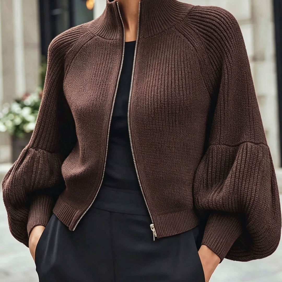 Gwyneth | Zip-Up Puff-Sleeve Cardigan