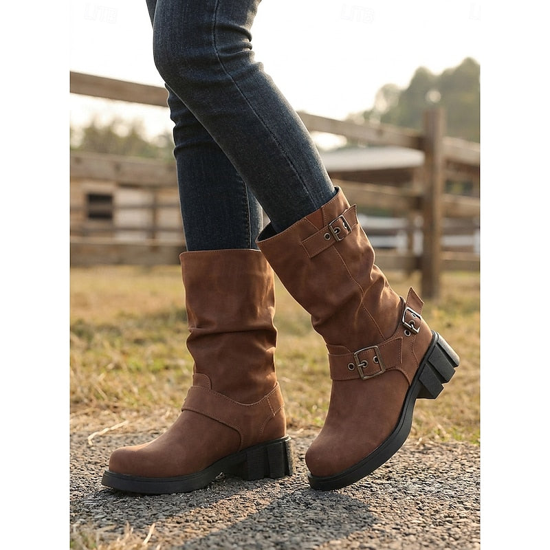 Sylvia | Buckle-Detail Mid-Calf Biker Boots