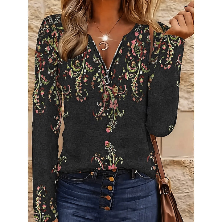 Rachel | Floral Quarter-Zip Long Sleeve Top