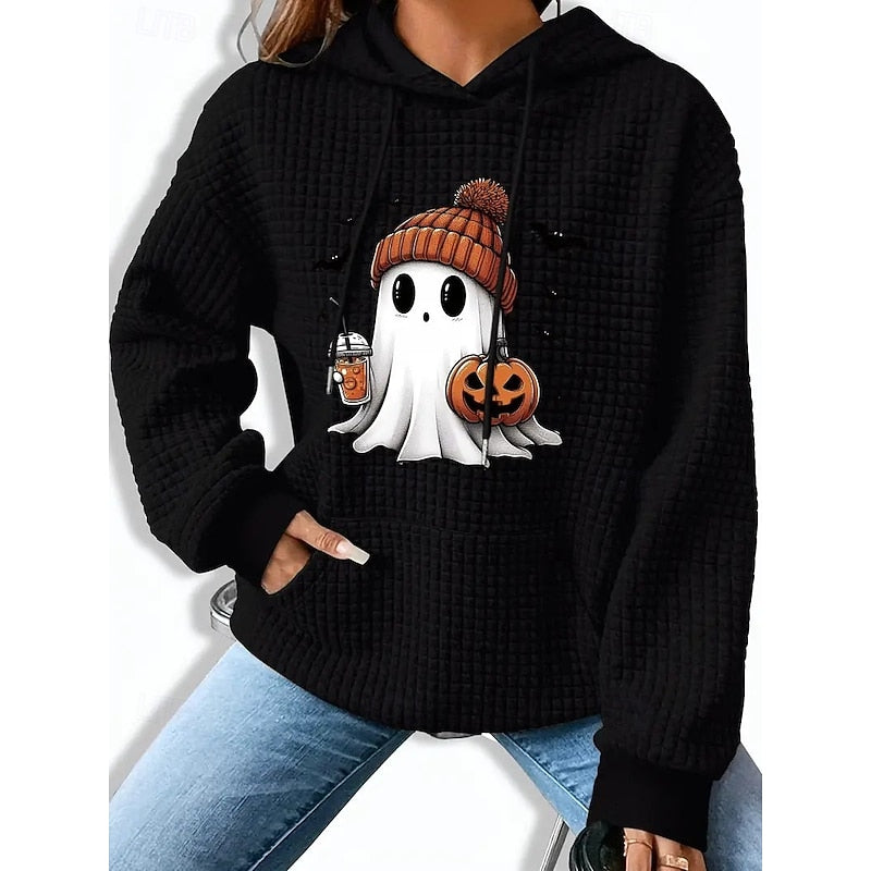 Womens Halloween Hoodie with a Ghost and Pumpkin Design, Front Pocket and a Relaxed Fit in Three Colors