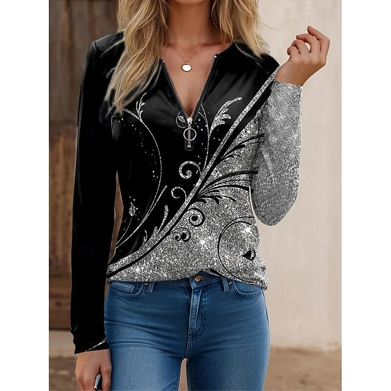Rachel | Floral Quarter-Zip Long Sleeve Top