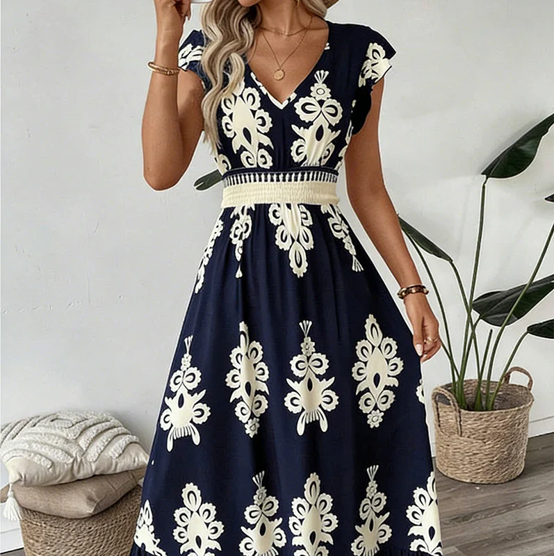 Rosalie | Baroque-Print V-Neck Maxi Dress