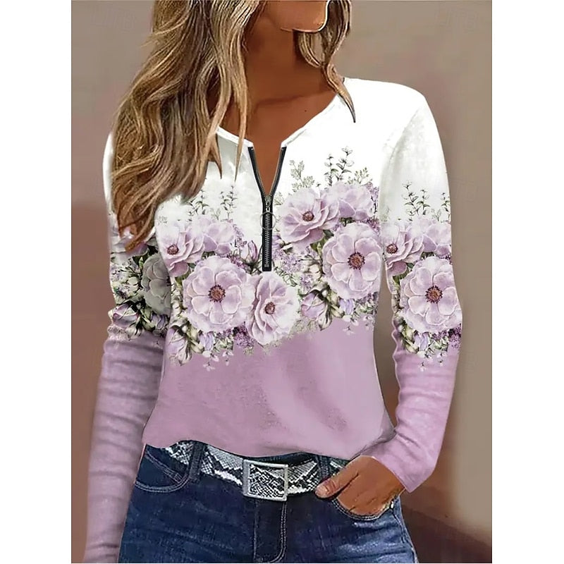 Rachel | Floral Quarter-Zip Long Sleeve Top