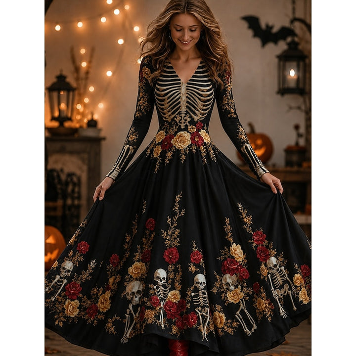 Seraphina | Halloween Skeleton Print Maxi Dress